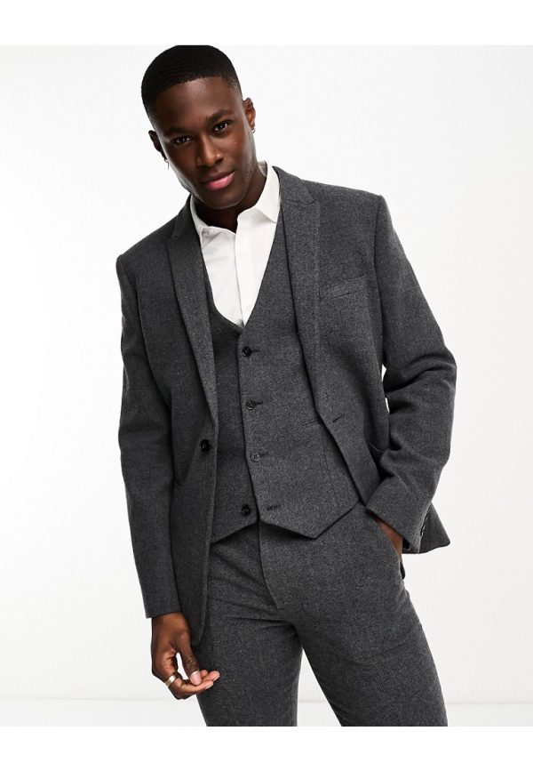 ASOS DESIGN Mens slim wool mix suit jacket in herringbone in charcoal-Grey - Size 34 (Chest)