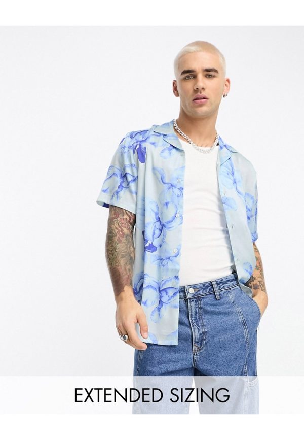 ASOS DESIGN Mens revere satin shirt in blue floral print - Sky Blue - Size Medium