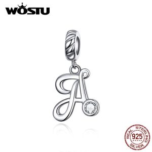 WOSTU NEW 925 Sterling Silver Alphabet Letter DIY Dangle Beads Fit Original Charm Bracelet Necklace A silver