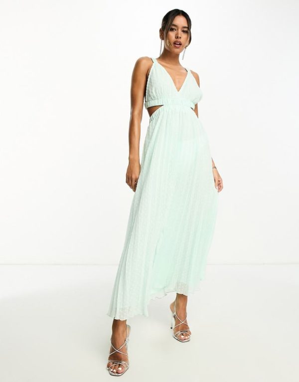 ASOS DESIGN Womens pleat plunge neck midi dress with elasticated straps and back in apple green - Size 18 UK