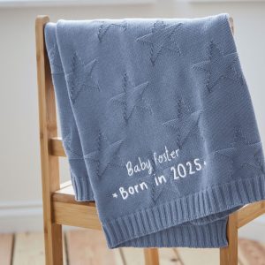 Personalised Born in 2025 Blue Star Jacquard Baby Blanket