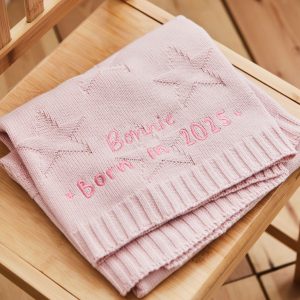Personalised Born in 2025 Pink Star Jacquard Baby Blanket