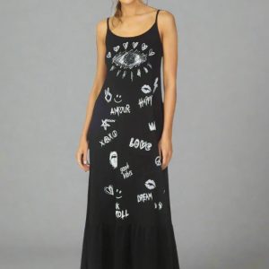 Lauren Moshi Beatrix Doodle Elements Maxi Dress Size: M Colour: Black