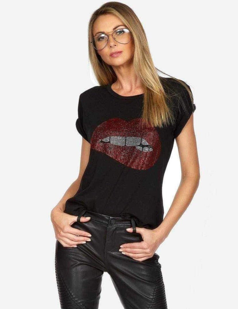 Lauren Moshi Edda Crystal Biting Lip T-Shirt Size: L Colour: Black