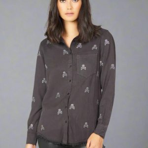Lauren Moshi Sloane Mini Crystal Cross Bone Skulls Shirt Size: XS Colour: Black