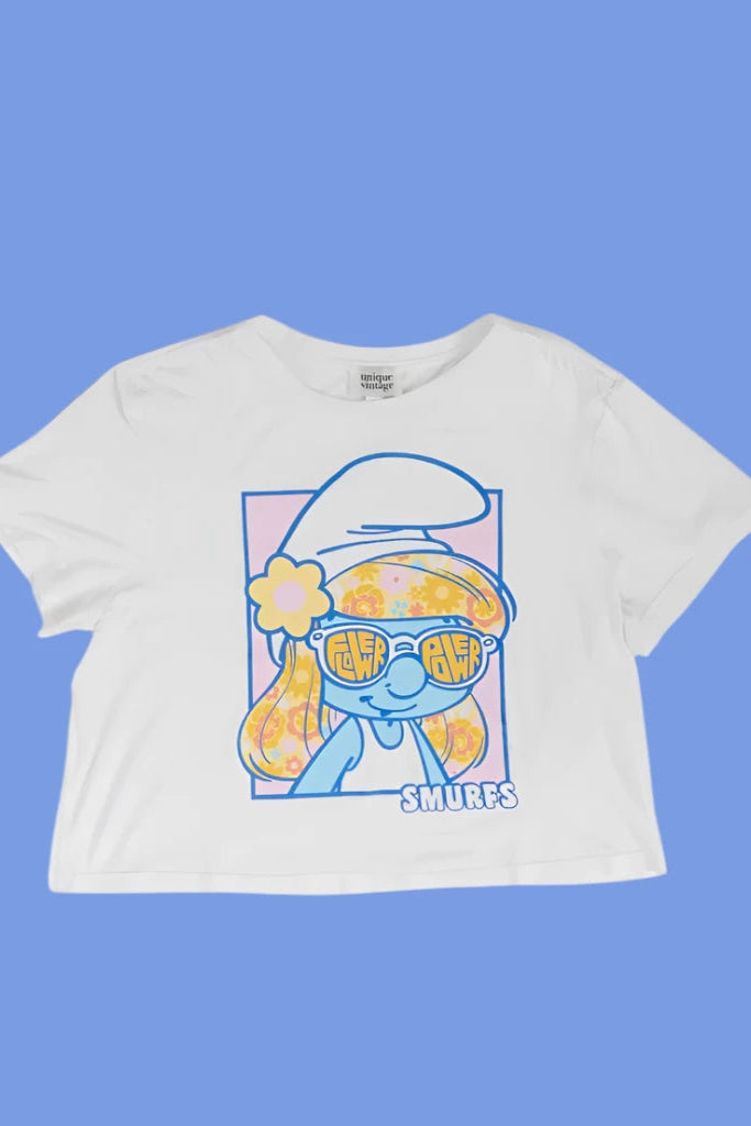 The Smurfs x Unique Vintage White Cropped Graphic Tee Colour: White Size: L
