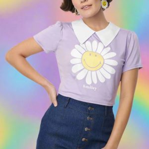 Unique Vintage x Smiley® Purple Flower Tee Top Colour: Purple Size: S