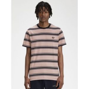 Fred Perry Mens Dark Pink Dusty Rose Pink Black Stripe T-Shirt