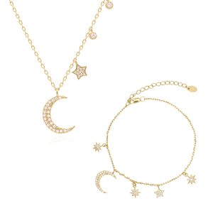 Moon & Star Charm Gift Set | Necklace & Bracelet | 18k Gold Plated