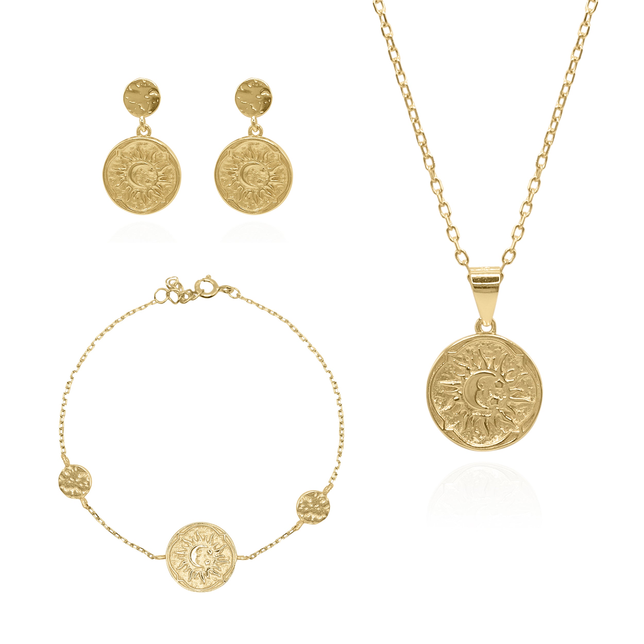 Sun Coin Gift Set | Necklace Earrings & Bracelet | 18k Gold Plated