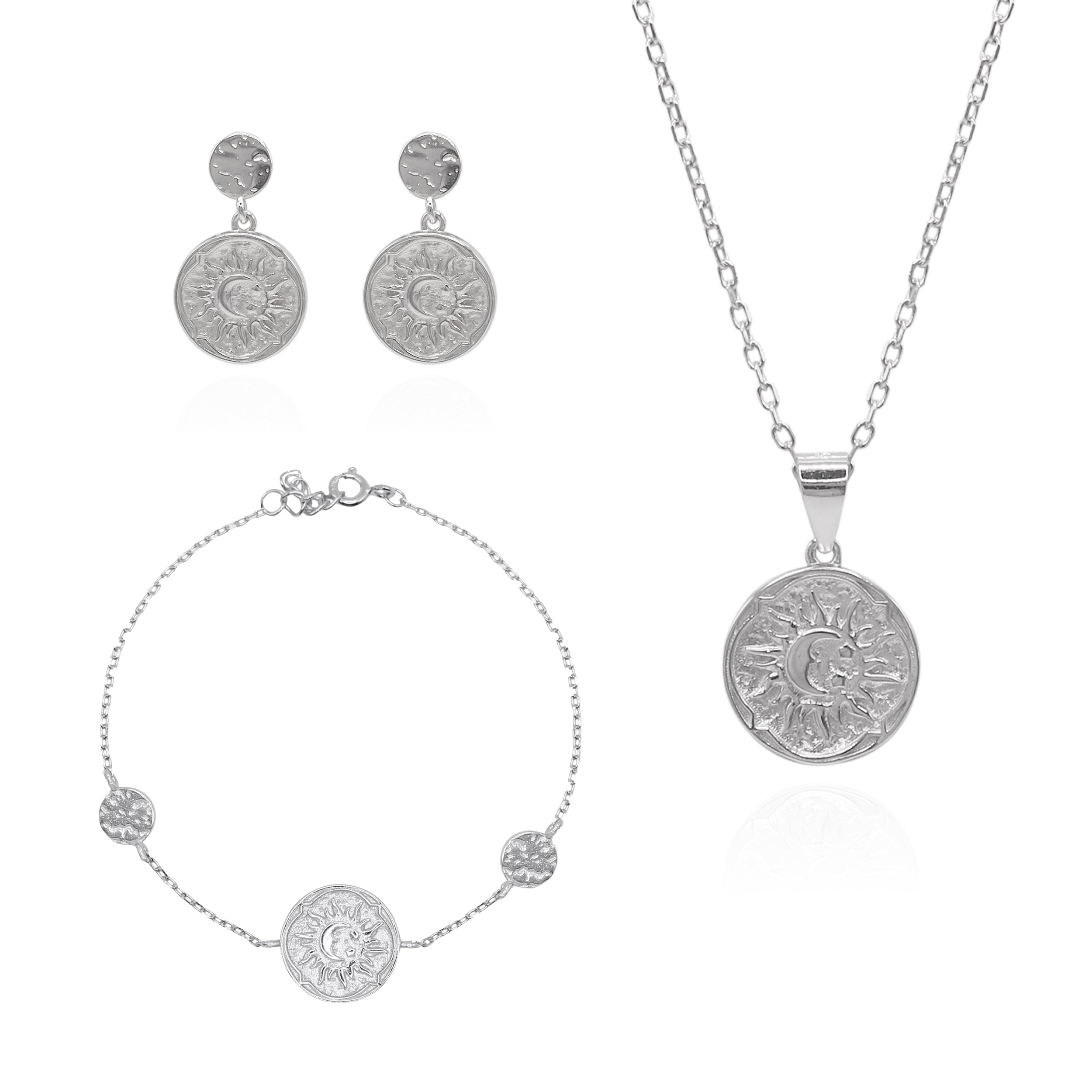 Sun Coin Gift Set | Necklace Earrings & Bracelet | 925 Sterling Silver