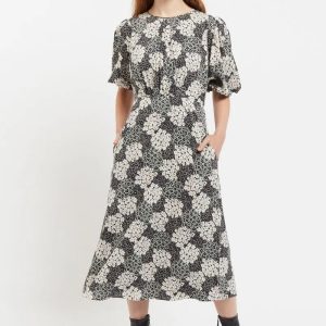 Leonore Flower Patch Balloon Sleeve Midi Dress in Black & White