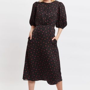 Louche Leonore Cherry Pie Print Square Neck Midi Dress