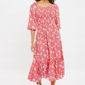 Louche Loe Roaring Daisy Print Shirred Bodice Midi Dress