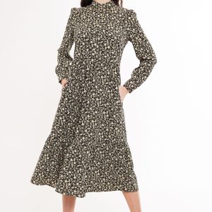Macha Winter Garden Print Long Sleeved Tie Midi Dress