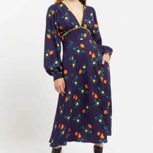 Marize Clarice Floral Print V Neck Long Sleeve Midi Dress