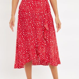 Louche Mara Spot It Print Ruffle Hem Wrap Midi Skirt Red