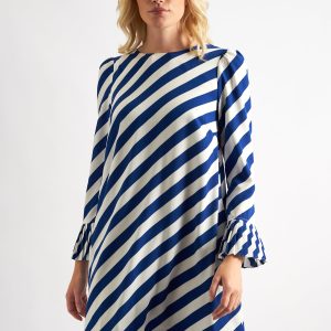 Megann Diagonal Lines Print Pleated Cuff Mini Dress - Blue