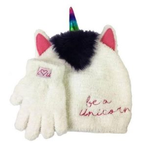 Girls Fluffy White Unicorn Hat & Glove Set
