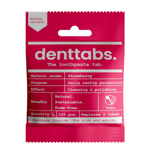 NEW - Denttabs - Toothpaste tablets STRAWBERRY with FLUORIDE for kids - 125 tabs