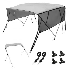 VEVOR 4 Bow Bimini Top Boat Cover, Detachable Mesh Sidewalls, 600D Polyester Canopy with 1" Aluminum Alloy Frame, Includes Storage Boot, 2 Support Poles, 2 Straps, 8'L x 54"H x 79"-84"W, Light Grey