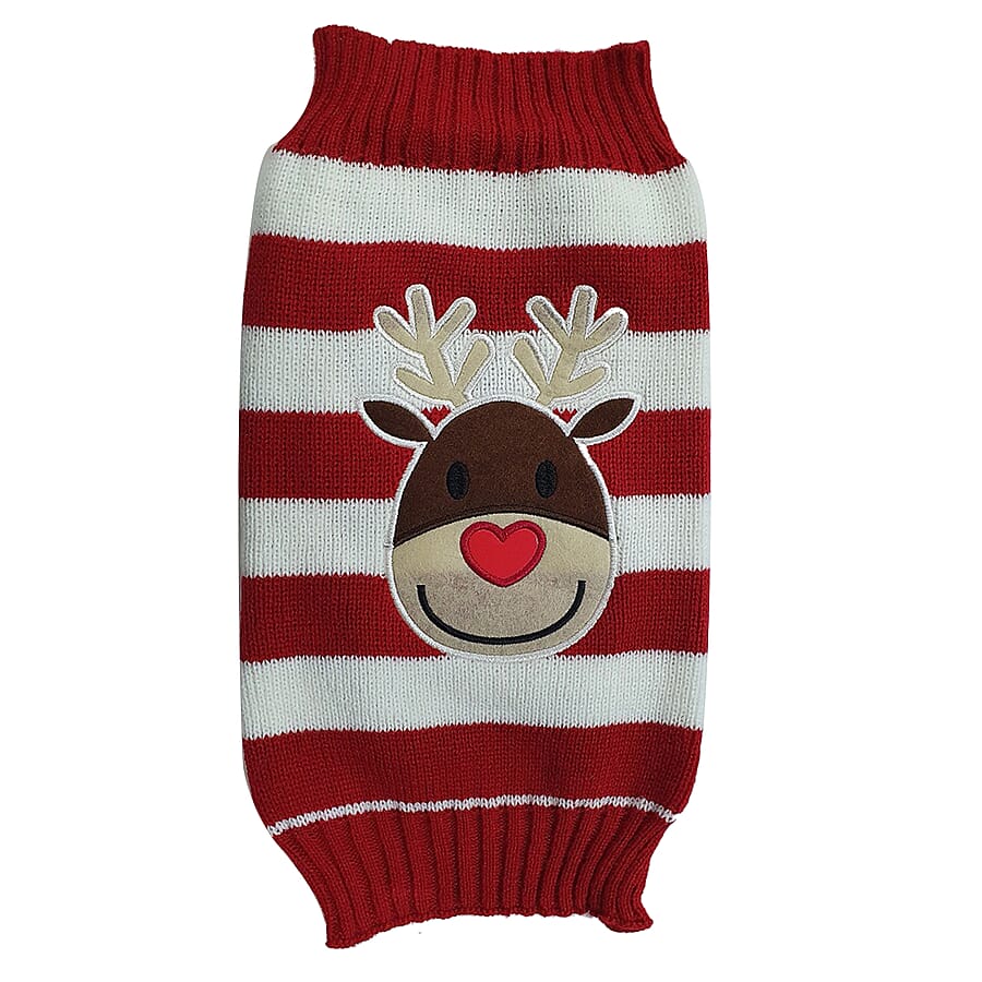 100% Acrylic Reindeer Novelty Dog Cardigan (Size Small) - Red and White
