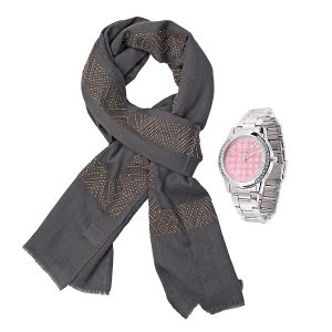2 Piece Set - Merino Woolen Stole (200x60) and Rhinestone Wrist Watch in a Gift Box - Black