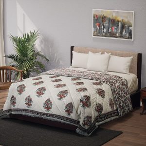 Cotton Block Printed Quilt with Self Fabric Bag and String (Size 200 cm) - Teal Blue & Red