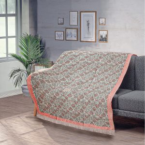 Cotton Block Printed Throw Blanket (Size 130x1 cm) - Peach & Multicolor