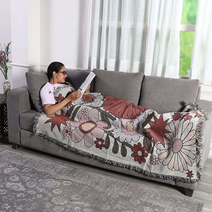 Jacquard Woven Big Flower Printed Throw with Fringes - Orange & Coral