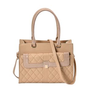 Leather Croc Pattern Crossbody Bag With Font Pocket & Handle Drop - Beige
