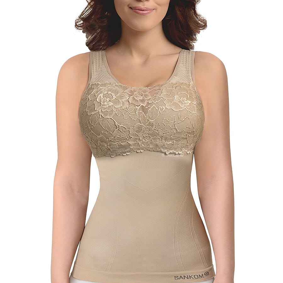 SANKOM SWITZERLAND Patent Vest with Bra and Lace - Beige