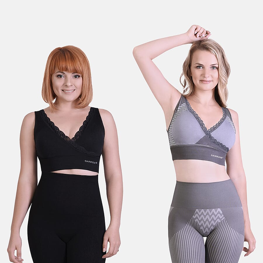 Set of 2 - SANKOM Patent Premium Bra With Lace (Size 8) - Grey (Bamboo Infused) & Black (Aloe Vera Infused)