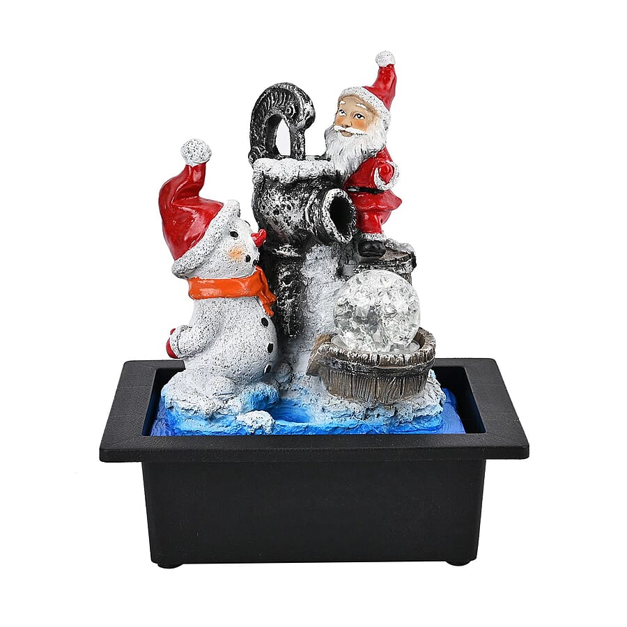Santa Claus & Snowman Indoor Water Fountain with Multicolor LED Lights - White Blue & Red