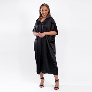 V Neck Satin Kimono Dress (One Size) - Olive