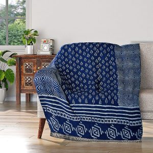 100 % Cotton Woven Dabu Printed Throw with Tassels (Size 180x130 cm) - Blue and White