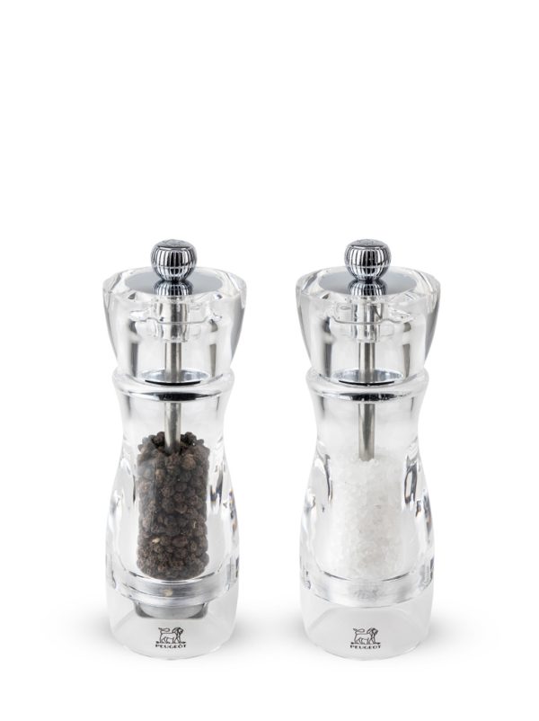 Duo of manual salt and pepper mills, acrylic, 16 cm Vittel