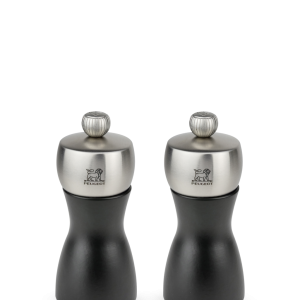Duo of salt and pepper mills in wood and stainless steel, black, 12 cm Fidji