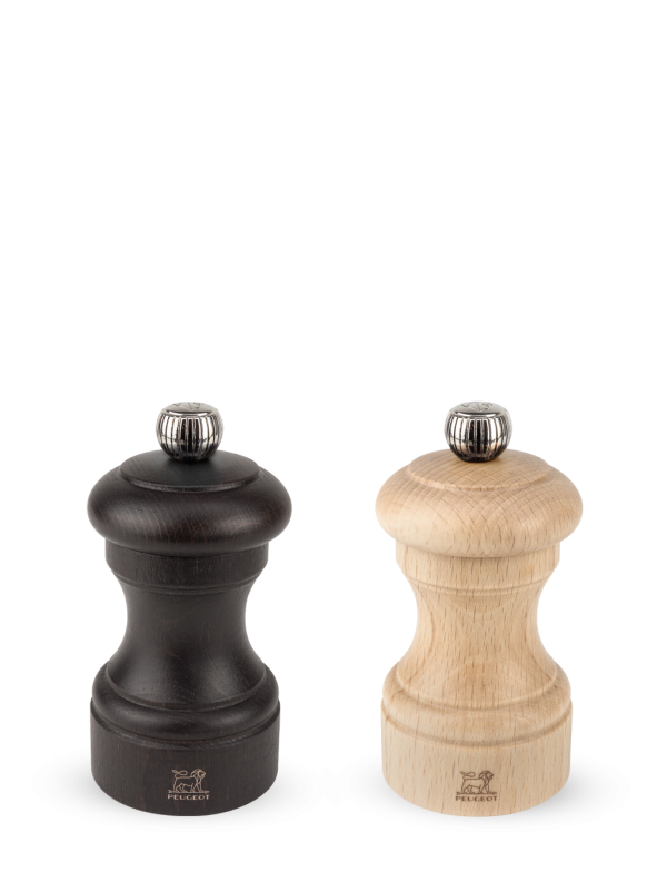 Duo of Manual Beechwood Salt and Pepper Mills in chocolate and natural wood, 10cm Bistro