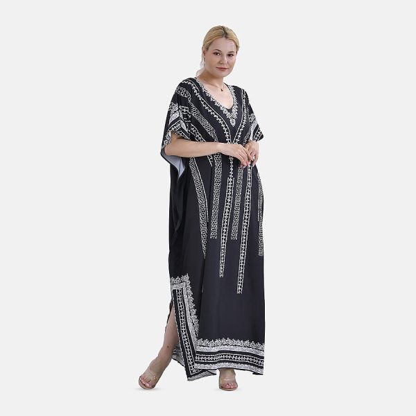 V-Neck Bikini Cover Up Dress with Side Slits and Ornate Pattern