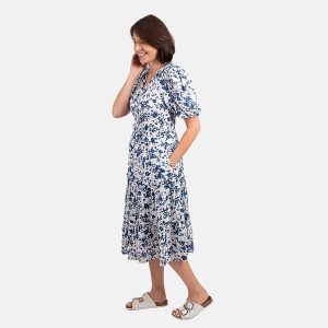 MITZY Floral Dobby Spot Dress - Blue