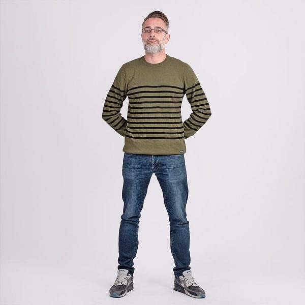 Mens Striped Woven Crew Neck Cotton Jumper