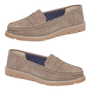 Jo & Joe Ladies SHORE Leather Suede Saddle Trim Loafer - Latte