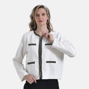 & Maisi Classic Summer Tweed Cropped Bomber Blazer with Black Trim