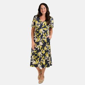 Styled by Leaf Print Midi Dress - Navy