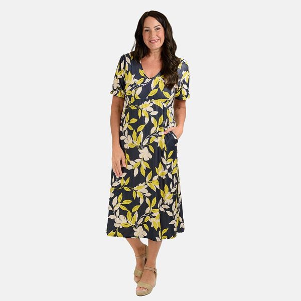 Styled by Leaf Print Midi Dress - Navy
