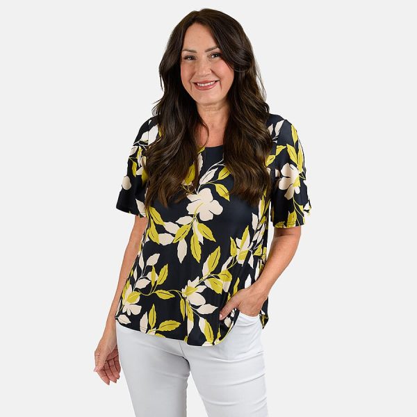 Styled by Leaf Print Flutter Sleeve Top - Navy