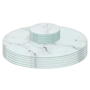 12pc Round Glass Placemats & Round Coasters Set - 30cm - Marble - White Marble