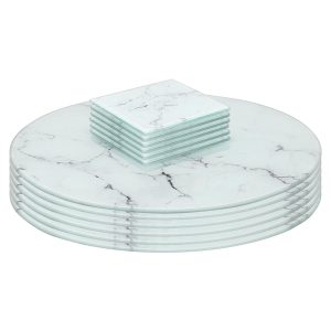 12pc Round Glass Placemats & Square Coasters Set - 30cm - Marble - White Marble