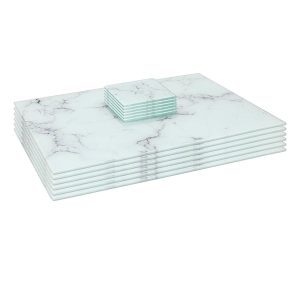 12pc Rectangle Glass Placemats & Square Coasters Set - 40cm x 30cm - Marble - White Marble